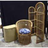 A Lloyd Loom laundry basket together with a Tub chair and a wicker shelving frame 137 x 62 cm