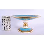 Minton fine comport painted with fruit under a turquoise and raised gilt border. 23.5cm diameter