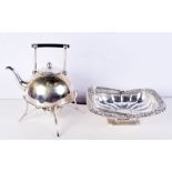 A Christopher Dresser style kettle on stand with a spirit heater together with a silver plated dish