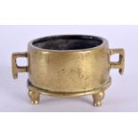 A RARE MINIATURE 19TH CENTURY CHINESE TWIN HANDLED BRONZE CENSER bearing Xuande marks to base. 80 gr