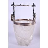 A CHARMING EDWARDIAN TEXTURED GLASS SILVER PLATED BEAR ICE BUCKET. 24 cm x 13 cm.