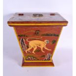 A CHARMING EARLY 20TH CENTURY INDIAN COUNTRY HOUSE LACQUERED WOOD BOX painted all over with monkeys