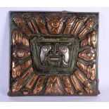 AN UNUSUAL 1970S CONTINENTAL SILVER AND MIXED METAL PLAQUE depicting an Aztec type portrait. 30 cm s