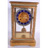 AN ANTIQUE CHAMPLEVE ENAMEL BRASS REGULATOR MANTEL CLOCK. 29 cm x 15 cm.