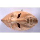 A JAPANESE TAISHO PERIOD CARVED WOOD REVERSIBLE MASK depicting a happy and upturned sad face. 24 cm