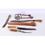 A vintage animal trap together with antler horn handled carving set and a machete 49 cm (5)