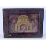 A small framed gilt metal plaque of a palace 7 x 11 cm .