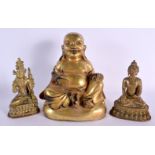 THREE EARLY 20TH CENTURY CHINESE TIBETAN BRONZE BUDDHAS in various forms and sizes. Largest 23 cm x