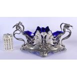 A LOVELY LARGE ART NOUVEAU WMF PEWTER AND BLUE GLASS JARDINIERE formed with opposing dragonflies and