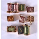 TEN 9CT GOLD BANK NOTE CHARMS. Largest 2.6cm x 1.3cm, total weight 11.6g (10)