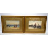 A framed watercolour of fishermen signed T Montgomery together with a framed watercolour of a saili