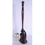 A RARE EARLY 20TH CENTURY EUROPEAN BRONZE TABLE BASE formed as a hand holding a column. 53 cm high.