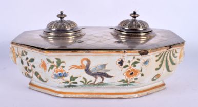 AN UNUSUAL 18TH CENTURY FRENCH FAIENCE COUNTRY HOUSE INKWELL painted with birds and foliage. 22 cm x