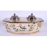 AN UNUSUAL 18TH CENTURY FRENCH FAIENCE COUNTRY HOUSE INKWELL painted with birds and foliage. 22 cm x