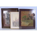 A FRAMED WATERCOLOUR by C Kinder C1900 of a ruin, together with a framed mosque painting & a French