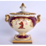 18th century Flight Barr and Barr tureen and cover painted with a claret coloured ground and an armo