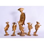 A RARE SET OF JAPANESE TAISHO PERIOD STYLISED BRONZE FIGURES modelled upon shaped bases. Largest 24