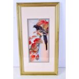A framed Chinese watercolour of a bird in a tree by Hung chu lee 32 x 14 cm.