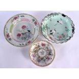 AN 18TH CENTURY CHINESE EXPORT FAMILLE ROSE PLATE Qianlong, together with a smaller dish & a Canton