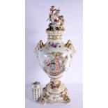 A LARGE 19TH CENTURY DRESDEN PORCELAIN VASE AND COVER with matching base. 56 cm x 23 cm.