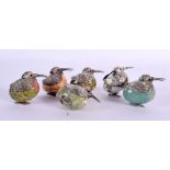 A LOVELY SET OF ENGLISH SILVER AND RUBY MOUNTED SPECIMEN EGG BIRDS. London 1974. 4 cm x 3.75 cm. (6)