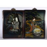 A PAIR OF CHINESE REVERSE PAINTED MIRRORS 20th Century, depicting females. 53 cm x 38 cm.