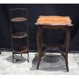 An antique oak window table together with a wooden cake stand 88cm(2)