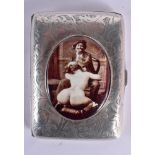 AN ART DECO SILVER AND ENAMEL EROTIC SILVER CIGARETTE CASE. 59 grams. 8 cm x 6 cm.