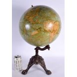 A LARGE VINTAGE BACON'S EXCELSIOR GLOBE upon a patinated metal base. 50 cm x 22 cm.