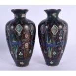 A PAIR OF 19TH CENTURY JAPANESE MEIJI PERIOD CLOISONNE ENAMEL VASES. 16.5 cm high.