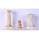 A pressed plaster Bust together with a small plaster column and another bust. Largest 16 cm (3)