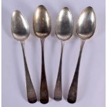 FOUR GEORGE III SILVER SPOONS. London 1797 to 1812. 257 grams. 22.5 cm long. (4)