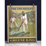 A vintage metal double sided Green King Pub sign "The Cricketers "