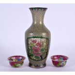 AN EARLY 20TH CENTURY JAPANESE MEIJI PERIOD PLIQUE A JOUR ENAMEL VASE and a pair of teabowls. Larges