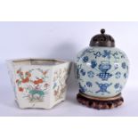 A LARGE 19TH CENTURY CHINESE CELADON BLUE AND WHITE PORCELAIN GINGER JAR AND COVER together with a f