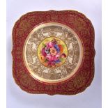Royal Worcester plate of lobed square shape richly gilded in art deco style the centre painted with