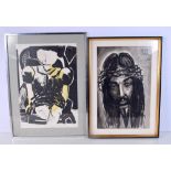 A FRAMED WATERCOLOUR OF JESUS CHRIST together with a framed abstract. Largest 49 cm x 34 cm. (2)