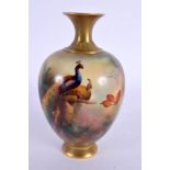 Royal Worcester vase painted with a peacock and peahen in a tree, date mark 1905. 12.5cm high