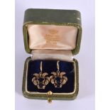 A PAIR OF CONTINENTAL GOLD DIAMOND AND SAPPHIRE EARRINGS. 4.4 grams. 2.5 cm x 1.5 cm.