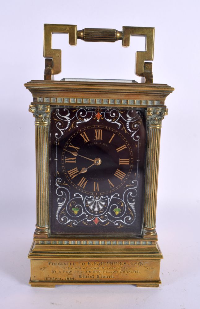 A FINE 19TH CENTURY FRENCH LIMOGES ENAMEL CARRIAGE CLOCK painted with figures and motifs. 21 cm x 10