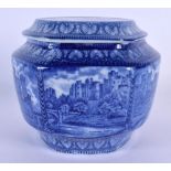 A RARE EARLY 20TH CENTURY ENGLISH BLUE AND WHITE POTTERY TEA CADDY AND COVER decorated with castles.