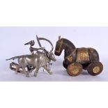 A CHARMING INDIAN CARVED WOOD TOY HORSE together with a white metal oxen group. Oxen 106 grams. Larg