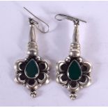 A PAIR OF SILVER AND JADE EARRINGS. 10.4 grams. 6.5 cm x 2.5 cm.