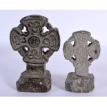 TWO RARE LATE 19TH CENTURY CORNISH CARVED STONE CROSSES modelled in the medieval manner. Largest 17