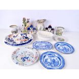 A collection of ceramics, Copeland jelly mould, Staffordshire flatback figures, loving cup, plates e