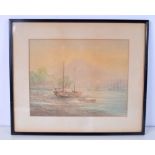 A FRAMED WATERCOLOUR by Satsuta, depicting boats in an estuary. 22 cm x 29 cm.