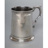 A GEORGE III SILVER MUG, maker John Langlands I, Newcastle 1757, of plain tapering cylindrical