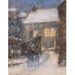 ROWLAND HENRY HILL (1873-1952) Evening Snowscene with Figures approaching a Cottage, watercolour