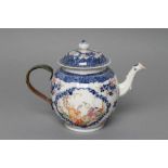 A CHINESE EXPORT PORCELAIN TEAPOT AND COVER of globular form with crabstock spout and later cane