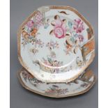 A PAIR OF CHINESE EXPORT PORCELAIN PLATES of octagonal form, painted in colours with scrolls and